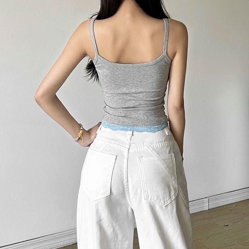 Lace hem u neck patchwork contrast cami top