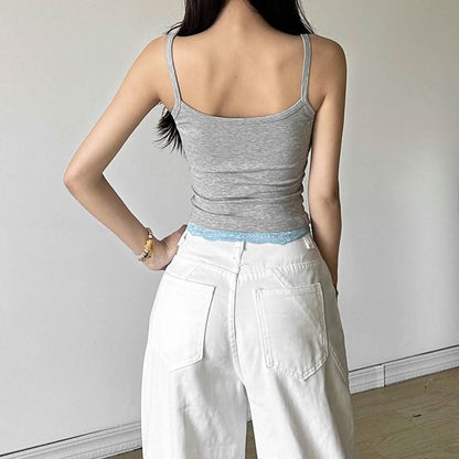 Lace hem u neck patchwork contrast cami top