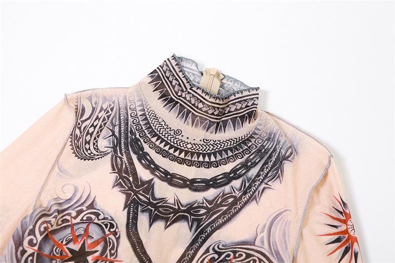 Sheer mesh abstract contrast see through long sleeve high neck jumpsuit