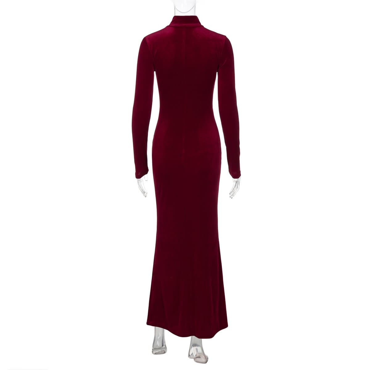 High neck long sleeve velvet ruched maxi dress