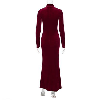 High neck long sleeve velvet ruched maxi dress