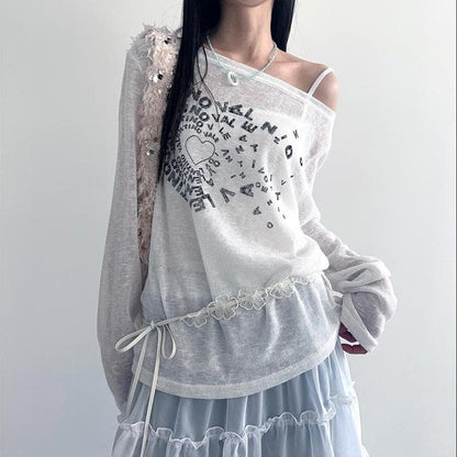 Long sleeve off shoulder letter print top