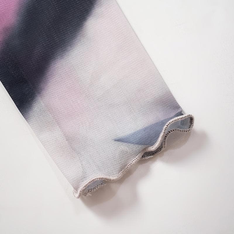 Long sleeve sheer mesh cat print mini skirt set