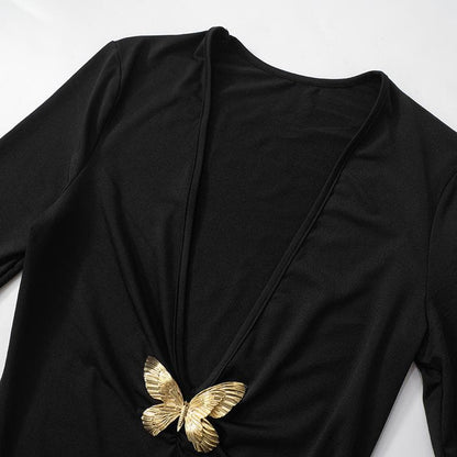 V neck long sleeve butterfly metal applique maxi dress