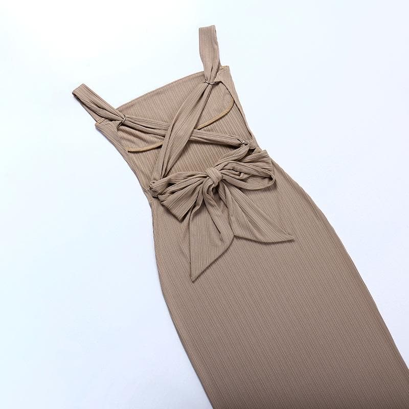 Textured lace up knotted solid midi cami dress