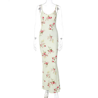 Floral Print Lace Trim V-Neck Spaghetti Strap Bodycon Maxi Dress