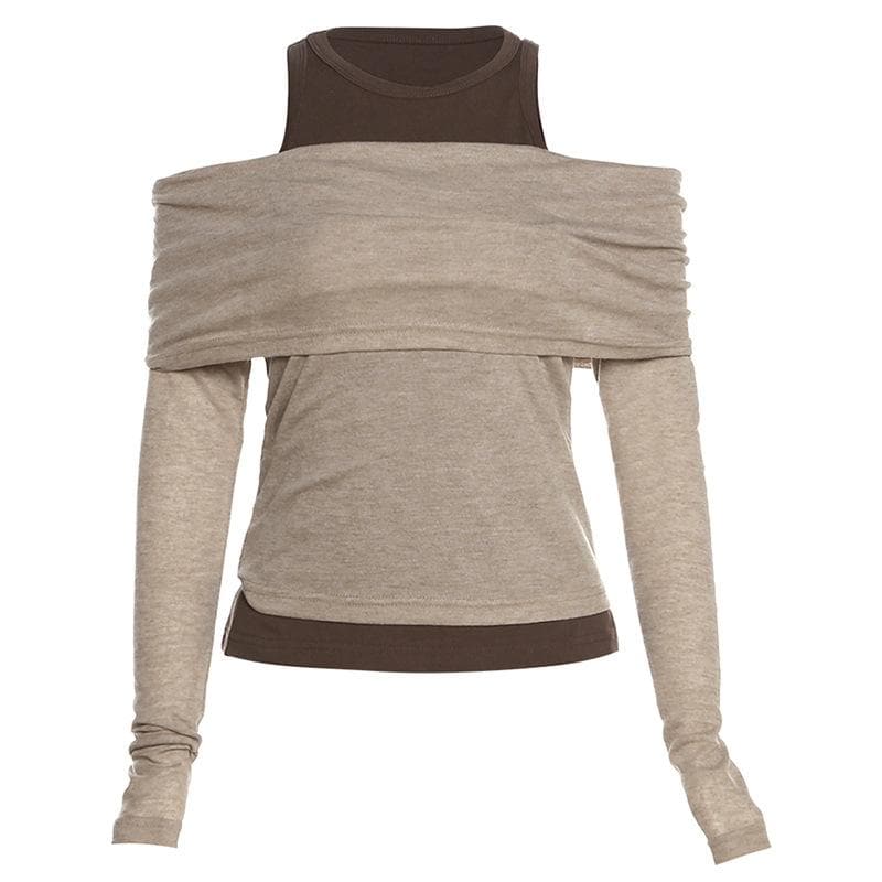 Contrast long sleeve 2-way off shoulder 2 piece top
