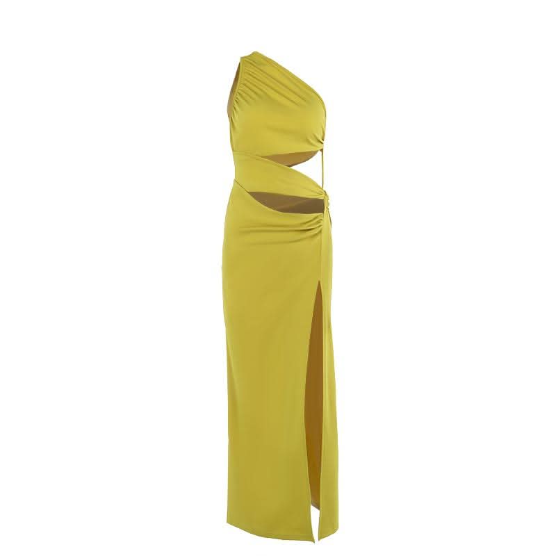 Irregular hollow out slit ruched one shoulder cut out mini dress