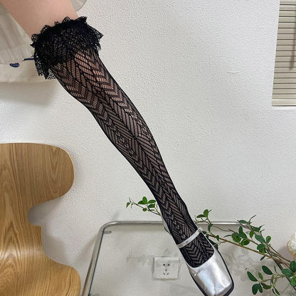 Sheer lace ruffle solid thigh high socks