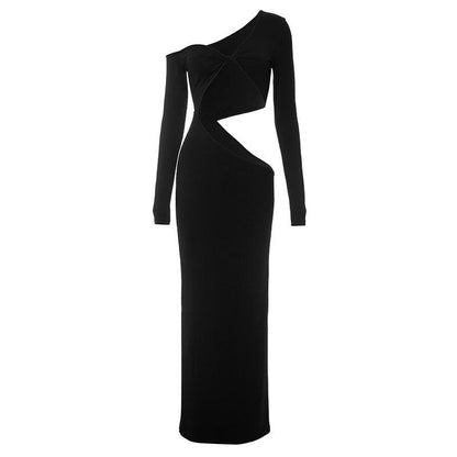 One Shoulder Long Sleeve Twist Front Teardrop Waist Cutout Bodycon Maxi Dress