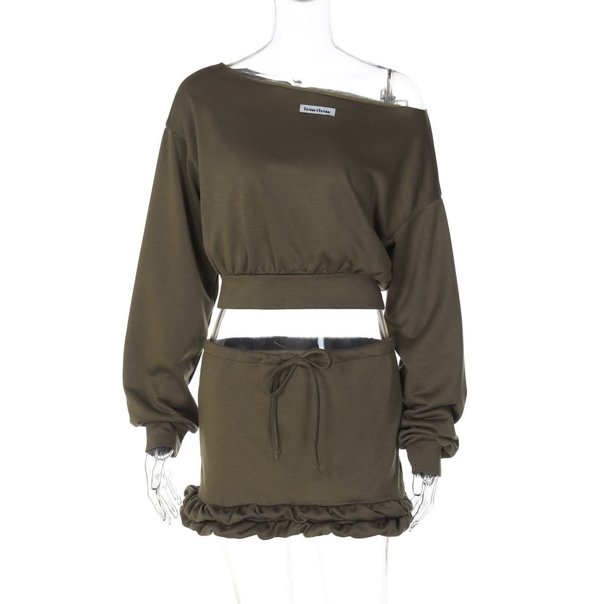 Long sleeve off shoulder self tie ruffle crop mini skirt set