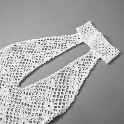 Halter knitted fishnet see through irregular mini dress