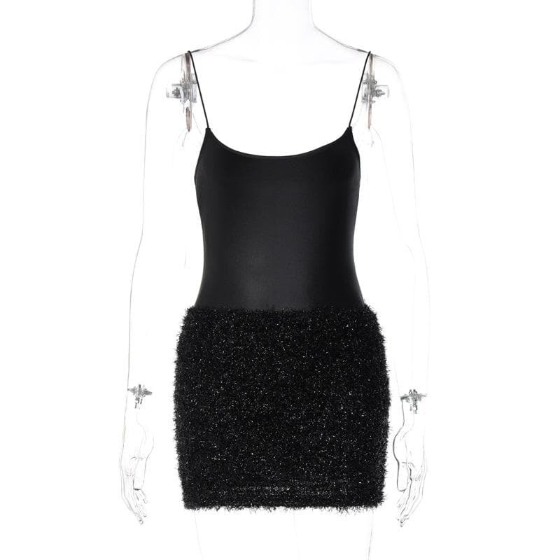 Scoop Neck Spaghetti Strap Textured Fuzzy Skirt Bodycon Mini Dress
