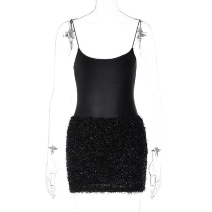 Scoop Neck Spaghetti Strap Textured Fuzzy Skirt Bodycon Mini Dress