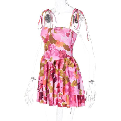 Floral Print Square Neck Tie Strap Tiered Ruffle Mini Dress