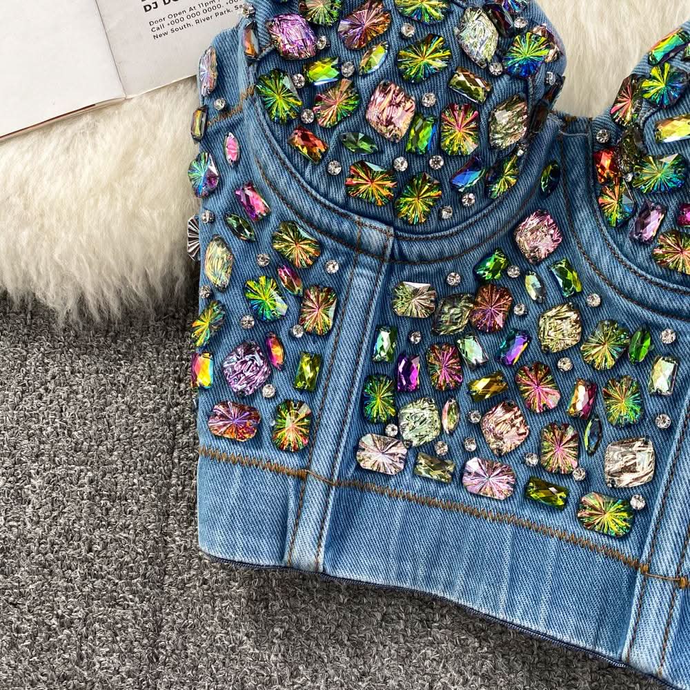 Sweetheart neck padded denim beaded cami top