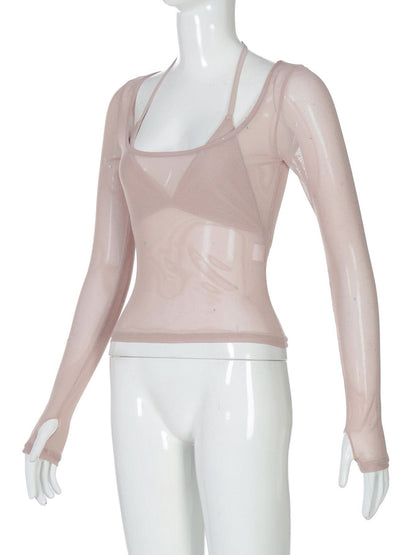 Halter v neck long sleeve mesh 2 piece top