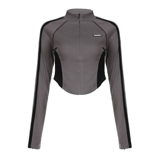 High neck long sleeve tag zip-up top