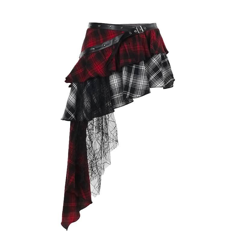 Plaid irregular buckle ruffle lace hem patchwork mini skirt