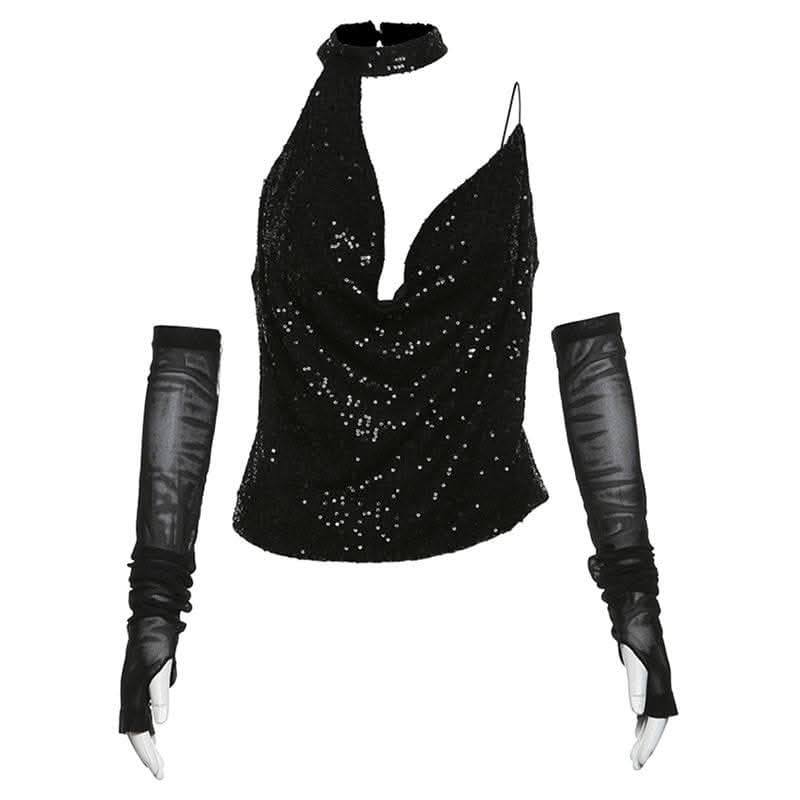 Halter gloves button glitter cowl neck irregular top-final-sale