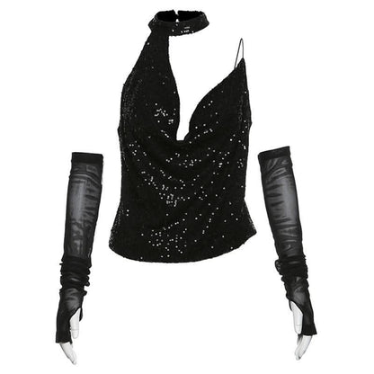 Halter gloves button glitter cowl neck irregular top-final-sale