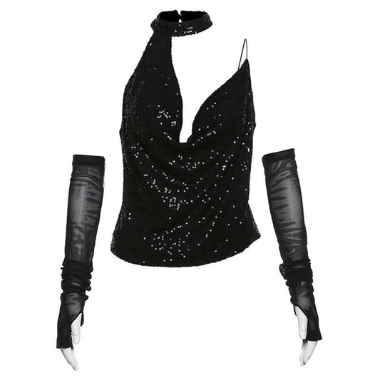 Halter gloves button glitter cowl neck irregular top-final-sale