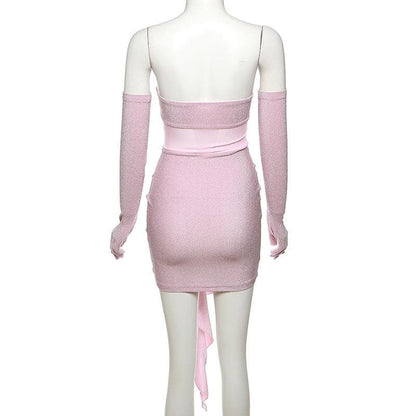 Gloves flower applique mesh patchwork ruched tube mini dress