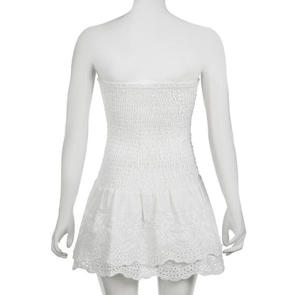 Smocked textured solid tube mini dress