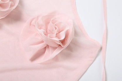 Halter sheer mesh ruffle flower applique mini dress