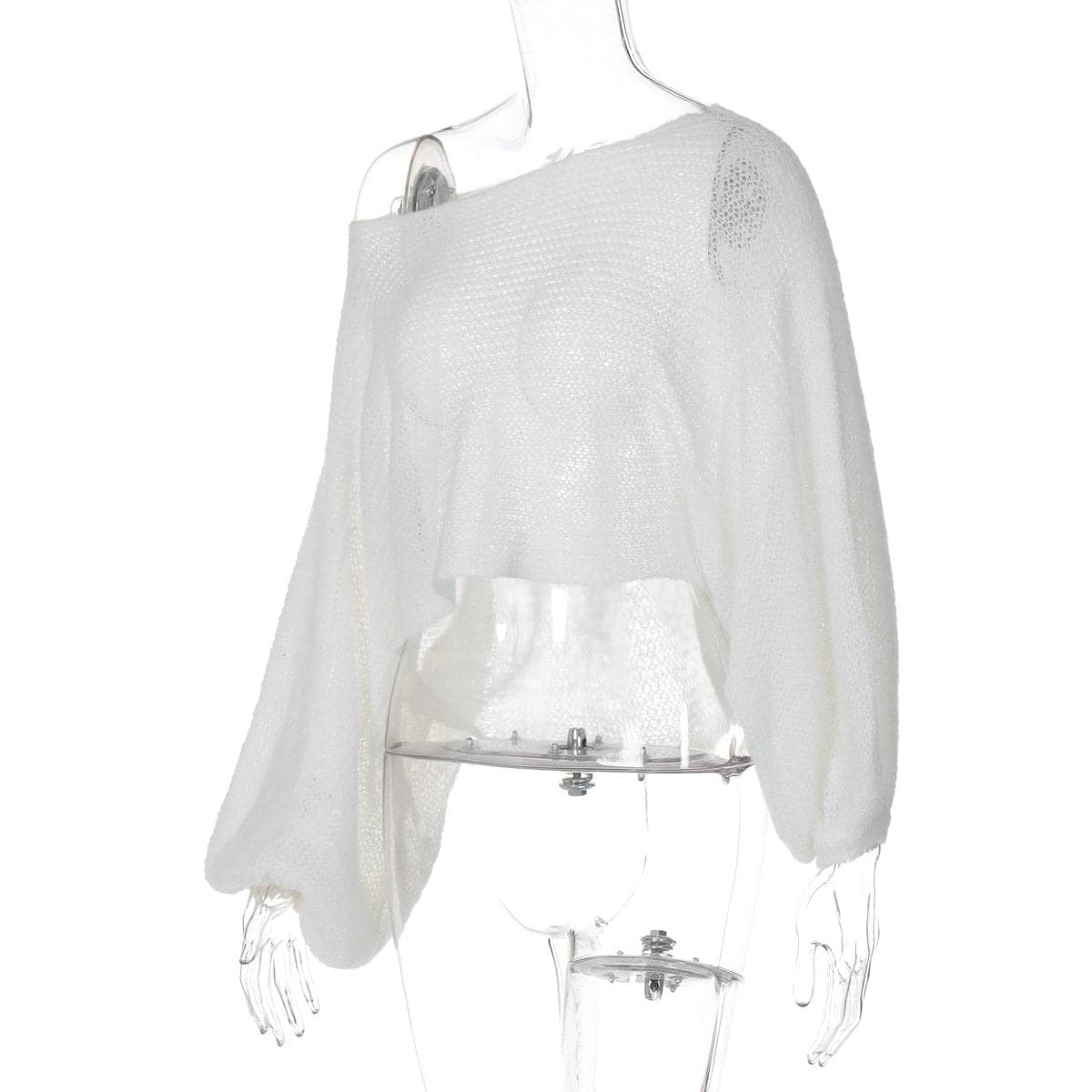 Long puff sleeve knitted one shoulder see through top
