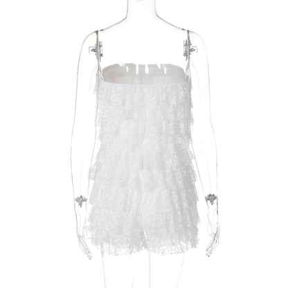 Bowknot lace backless ruffle tube mini dress