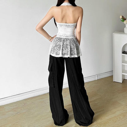 Halter lace bowknot ruffle top