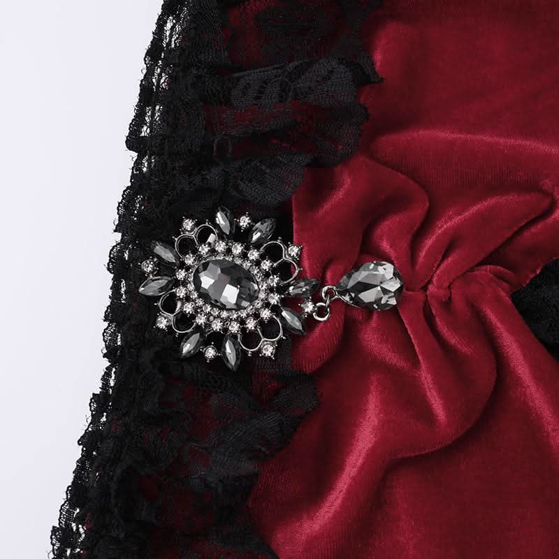 Off shoulder lace hem slit velvet metal applique ruched maxi dress