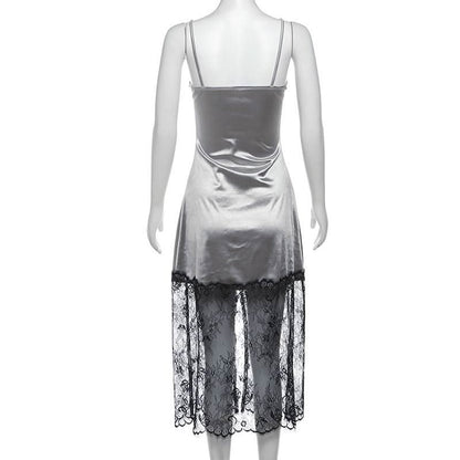 U neck button high slit lace hem patchwork cami top