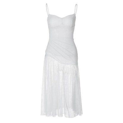 Lace ruched see through cami midi dress