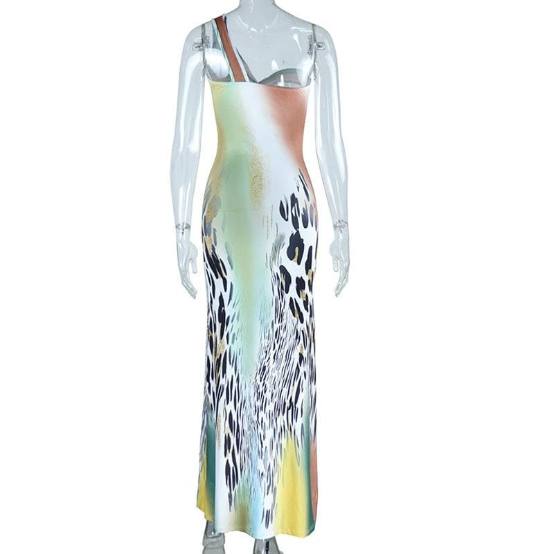 One shoulder leopard print ruched hollow out cut out midi dress