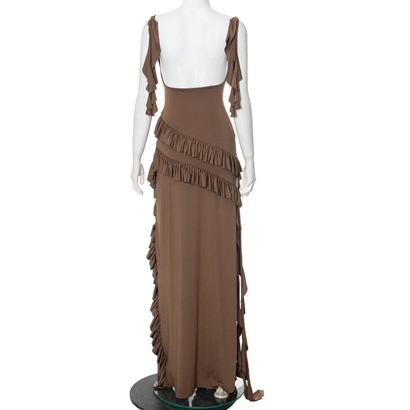 Square neck ruffle high slit cami maxi dress