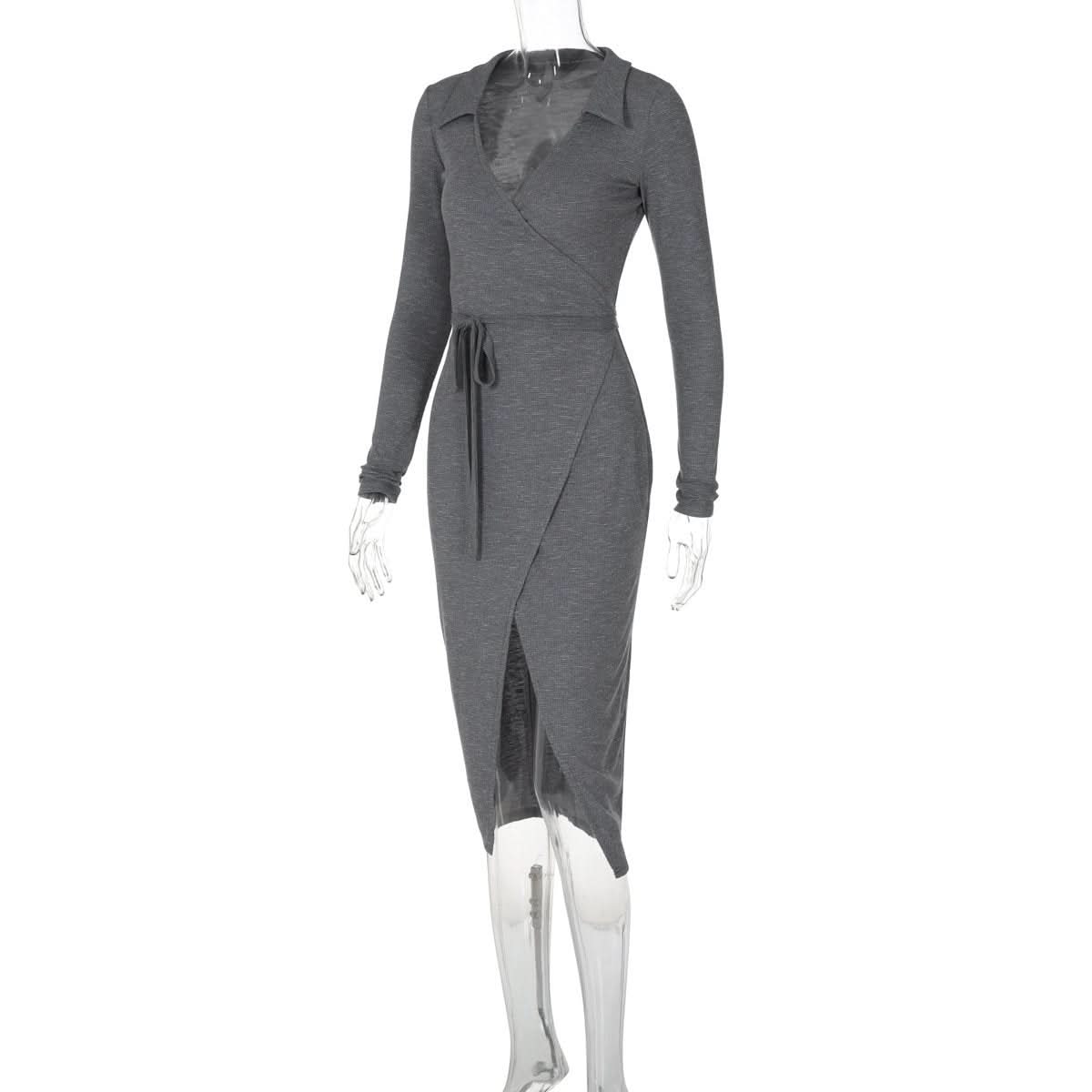 Turnover collar long sleeve slit self tie midi dress