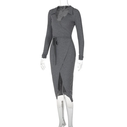 Turnover collar long sleeve slit self tie midi dress