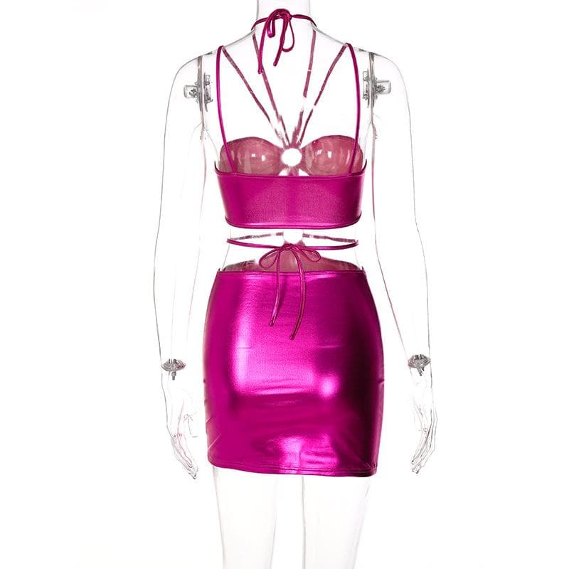 Metallic o ring halter self tie backless hollow out cut out mini dress