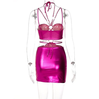Metallic o ring halter self tie backless hollow out cut out mini dress