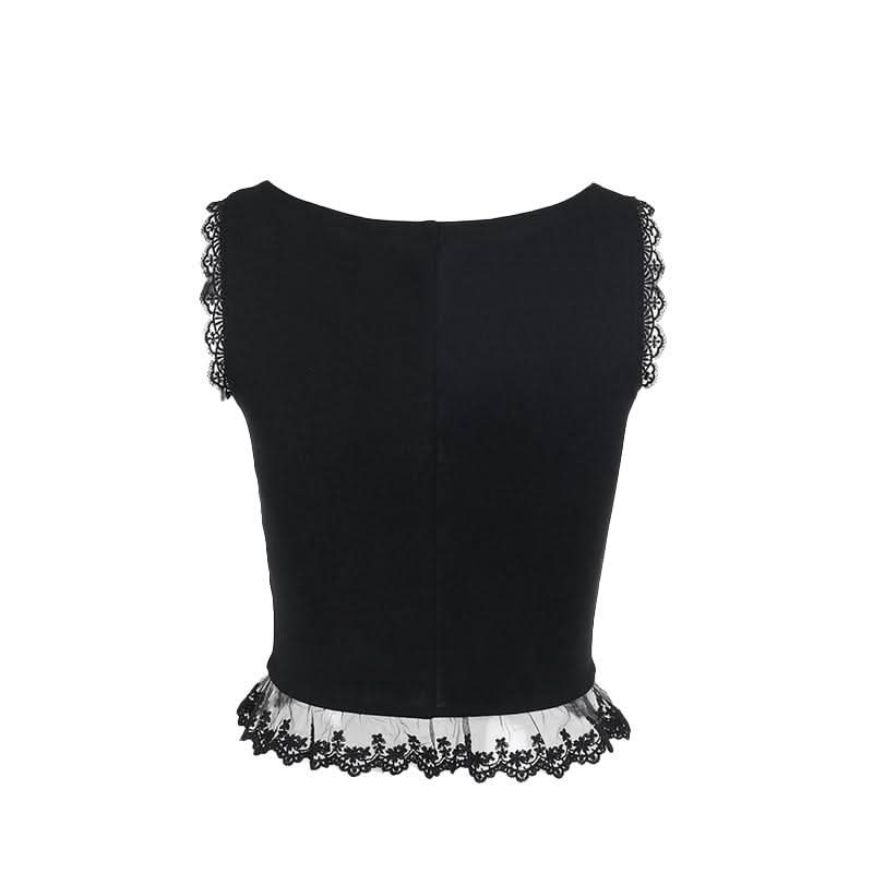 Sleeveless lace up lace hem top