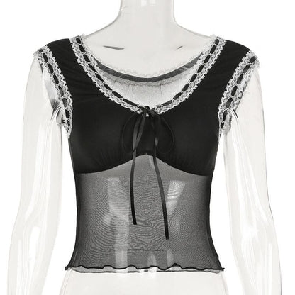 Lace hem mesh bowknot ribbon ruffle top