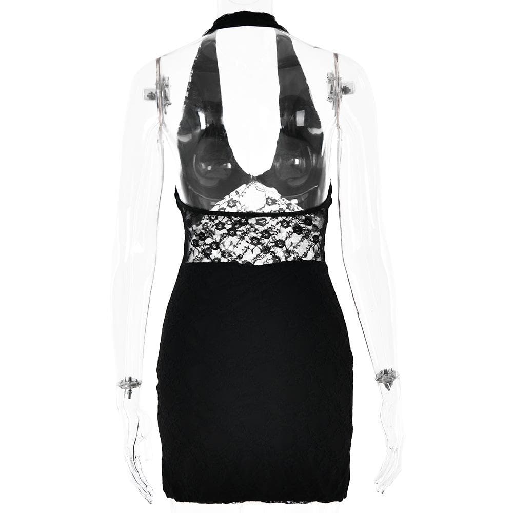 Halter lace patchwork v neck backless mini dress