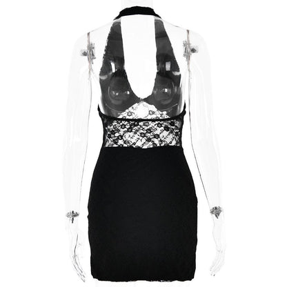 Halter lace patchwork v neck backless mini dress