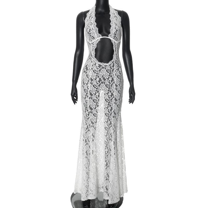 Halter hollow out lace see through cut out maxi dress