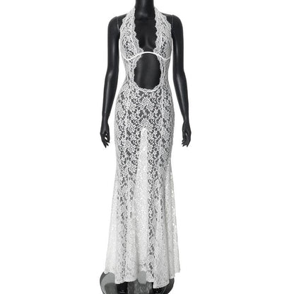 Halter hollow out lace see through cut out maxi dress