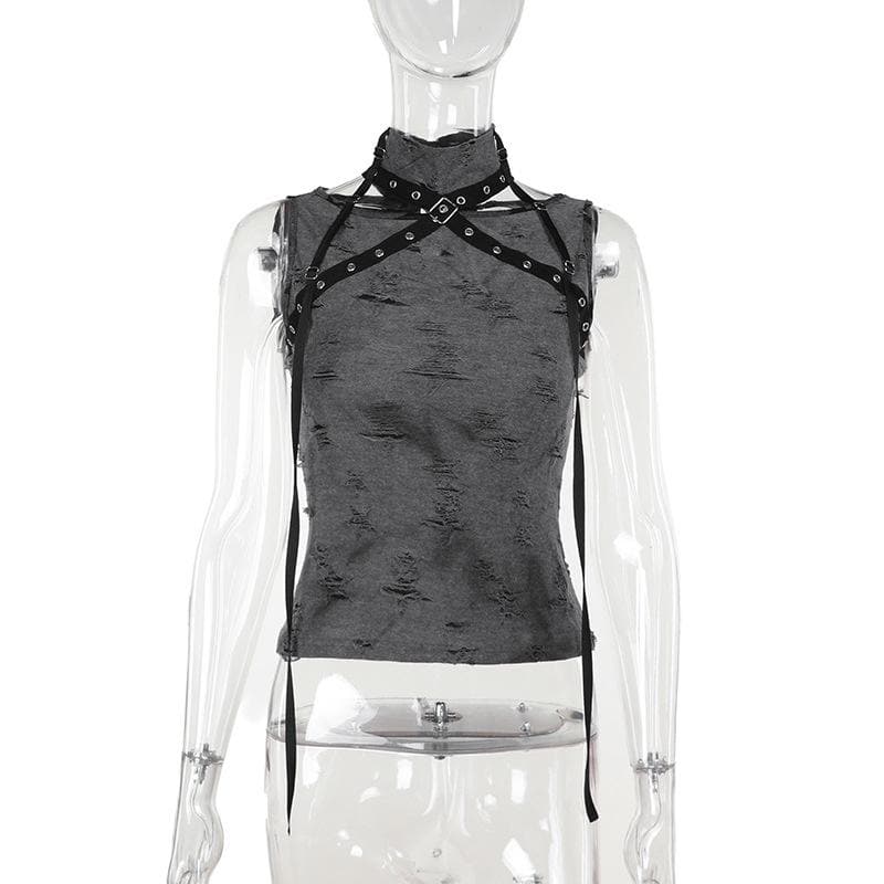 Sleeveless high neck buckle patchwork top