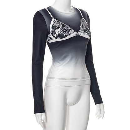Long sleeve body print gradient crewneck contrast top