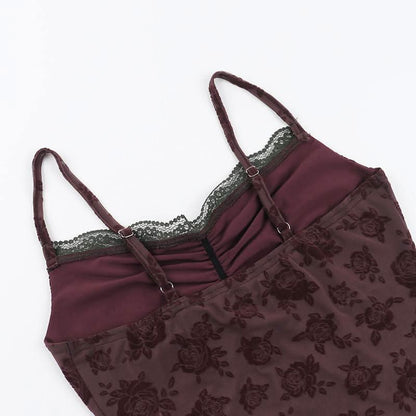 Lace hem ruched flower pattern mesh cami top